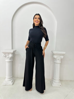 Conjunto Calça Pantalona e Blusa Feminina Lisa Gola Canelada Premium Conforto Todas as Estações